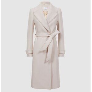 REISS Petite‎ Relaxed Wool Blend Mid Length Neutral Belted Coat Size 12 NWT